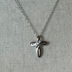 Sterling Silver Cross Necklace Ribbon Pendant with Crystals Stamped 925 CZ